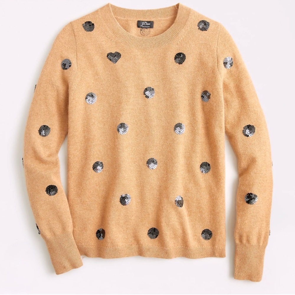 J. Crew Everyday cashmere crewneck sweater in sequin polka dots Camel Large